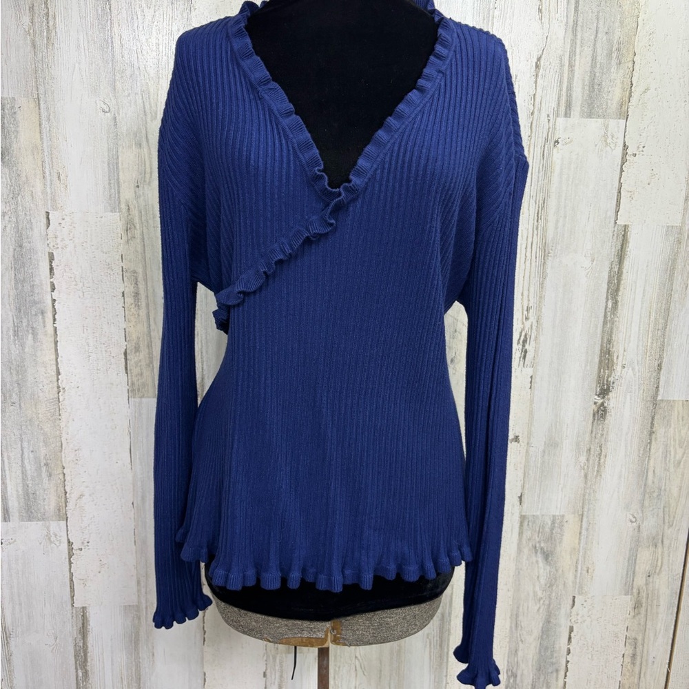 Luna‎ Plus Size Ruffled Blue Ribbed Sweater